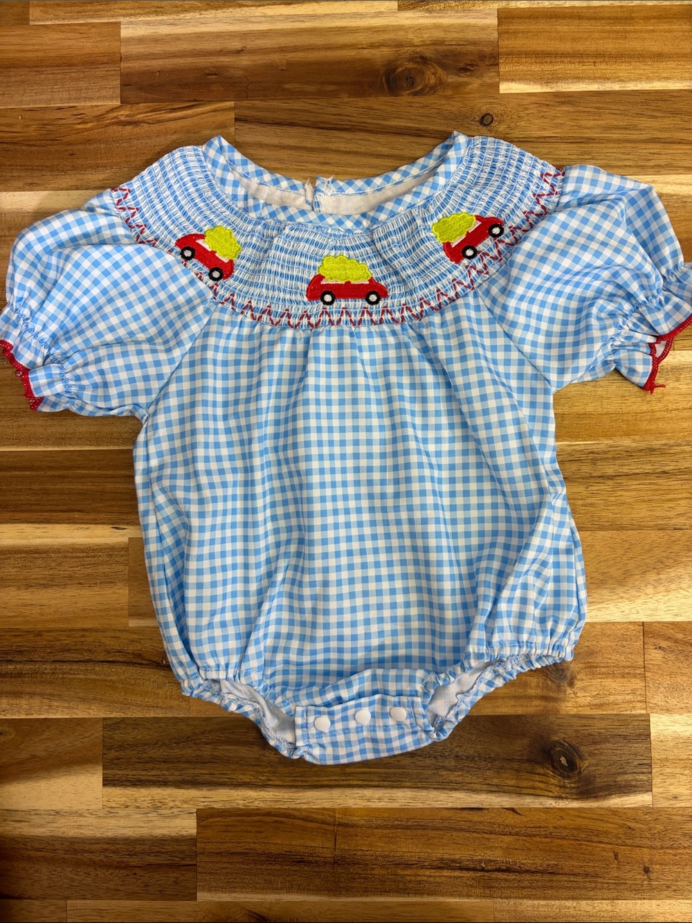 Blue Gingham Smocked Baby One-Piece with Red Car Embroidery